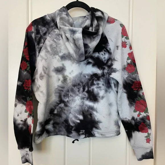 Rue 21 Black Gray White Bleach Dye Tie Dye Hoodie Roses Raglan Sleeve Juniors M - Picture 2 of 4